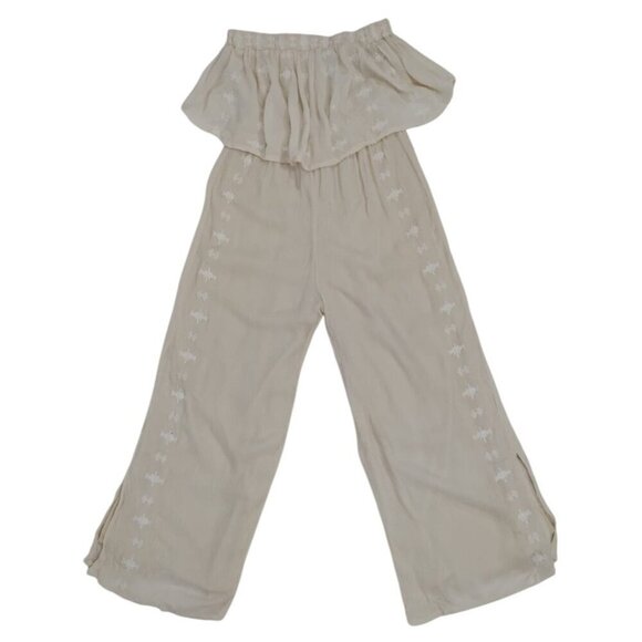 Women's beige offthe-shoulder ruffle jumpsuit with embroidered detail, wide leg - Picture 1 of 7
